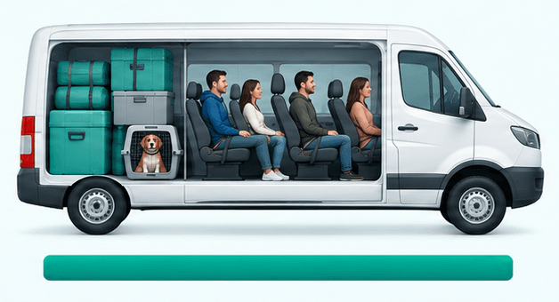 Three stages of loading a passenger-and-cargo minibus: one client, two clients and several clients with a full load. — Several clients